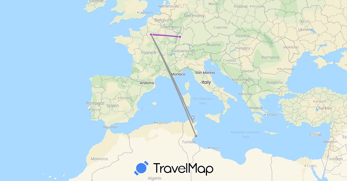 TravelMap itinerary: driving, plane, train in France, Tunisia (Africa, Europe)